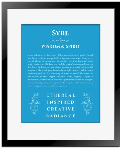 Syre personalized name art with origin story in blue with black matte frame
