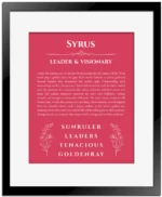 Syrus personalized wall art with the story of your name in red with black matte frame