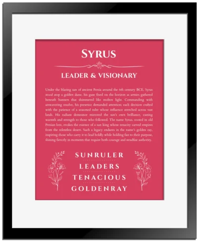 Syrus personalized wall art with the story of your name in red with black matte frame