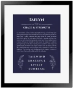 Taelyn name meaning gift print in navy blue with black matte frame
