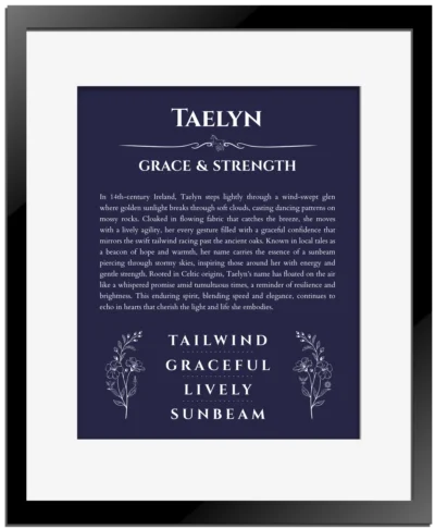 Taelyn name meaning gift print in navy blue with black matte frame