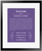 Taelynn custom name meaning print in purple with black matte frame