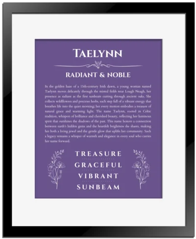 Taelynn custom name meaning print in purple with black matte frame
