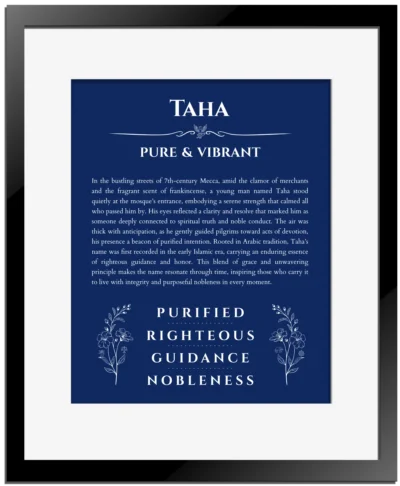 Taha name meaning wall art by Get Your Story in deep blue with black matte frame