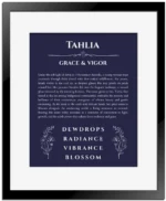 Tahlia personalized wall art with the story of your name in navy blue with black matte frame