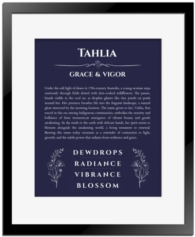 Tahlia personalized wall art with the story of your name in navy blue with black matte frame