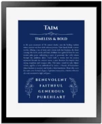 Taim name meaning wall art by Get Your Story in deep blue with black matte frame