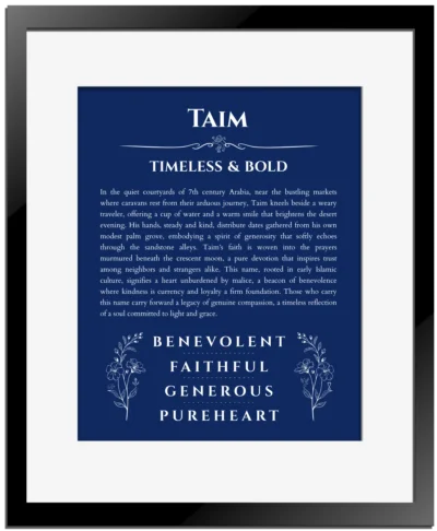 Taim name meaning wall art by Get Your Story in deep blue with black matte frame