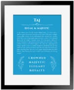 Taj name meaning gift print in blue with black matte frame