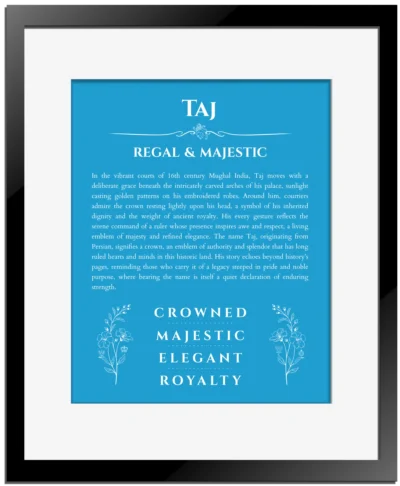 Taj name meaning gift print in blue with black matte frame