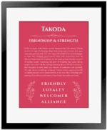 Takoda personalized wall art with the story of your name in red with black matte frame