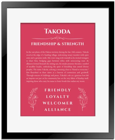 Takoda personalized wall art with the story of your name in red with black matte frame