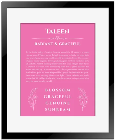 Taleen name meaning gift print in pink with black matte frame