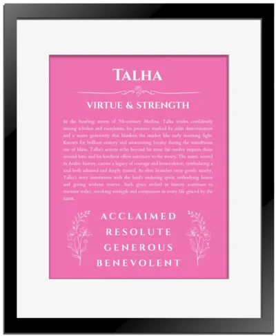 Talha custom name meaning print in pink with black matte frame
