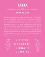 Talia name origin print with meaning and traits in pink