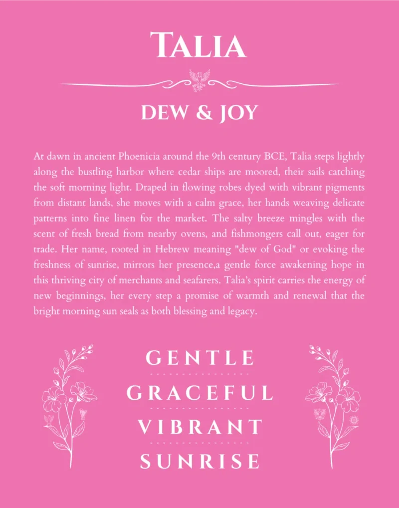 Talia name origin print with meaning and traits in pink