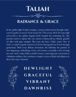 Taliah custom name art showing meaning and origin in deep blue