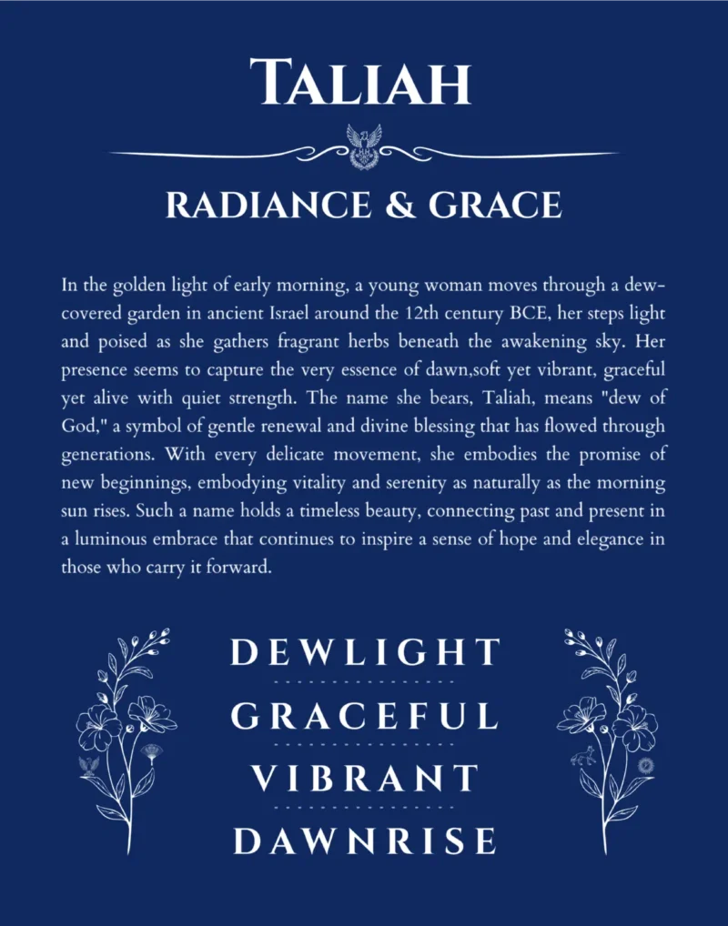 Taliah custom name art showing meaning and origin in deep blue