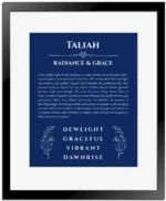 Taliah custom name art showing meaning and origin in deep blue with black matte frame