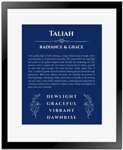 Taliah custom name art showing meaning and origin in deep blue with black matte frame