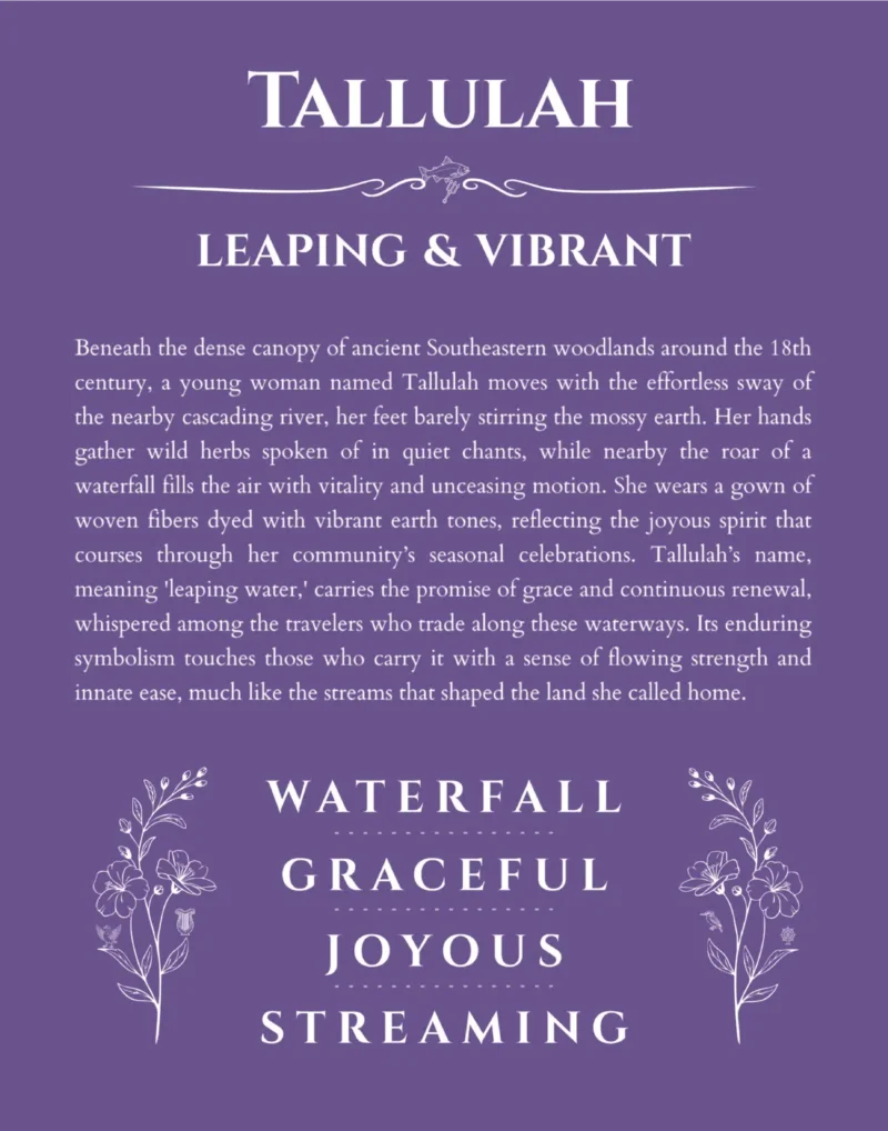 Tallulah name origin print with meaning and traits in purple