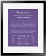 Tallulah name origin print with meaning and traits in purple with black matte frame