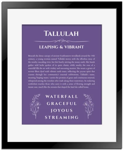 Tallulah name origin print with meaning and traits in purple with black matte frame