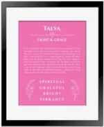 Talya custom name art showing meaning and origin in pink with black matte frame