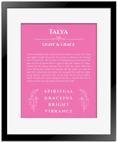 Talya custom name art showing meaning and origin in pink with black matte frame