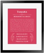 Tamara personalized name print with origin and traits in red with black matte frame