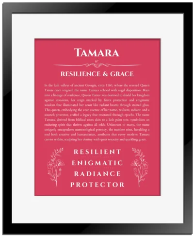 Tamara personalized name print with origin and traits in red with black matte frame