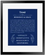 Tami custom name art showing meaning and origin in deep blue with black matte frame