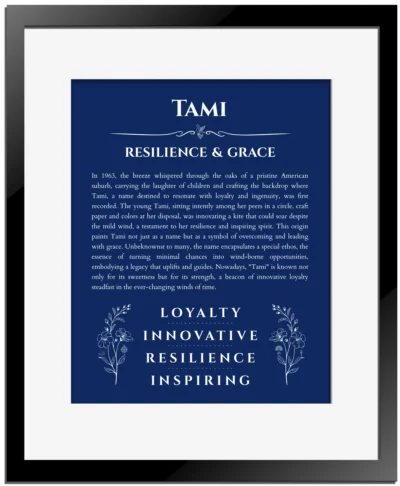 Tami custom name art showing meaning and origin in deep blue with black matte frame