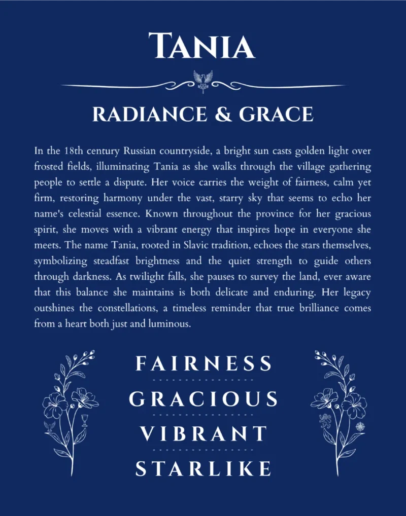 Tania personalized name art with origin story in deep blue