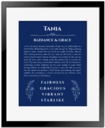 Tania personalized name art with origin story in deep blue with black matte frame