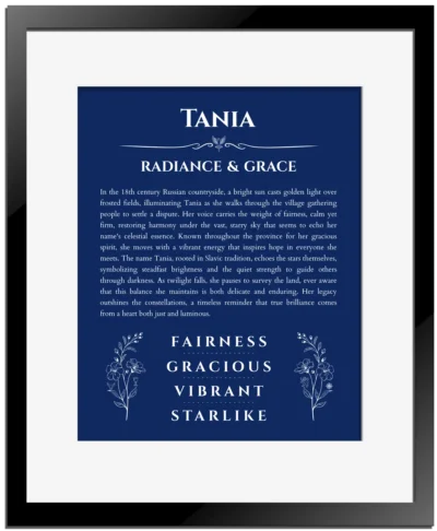 Tania personalized name art with origin story in deep blue with black matte frame