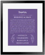 Tanya name meaning gift print in purple with black matte frame