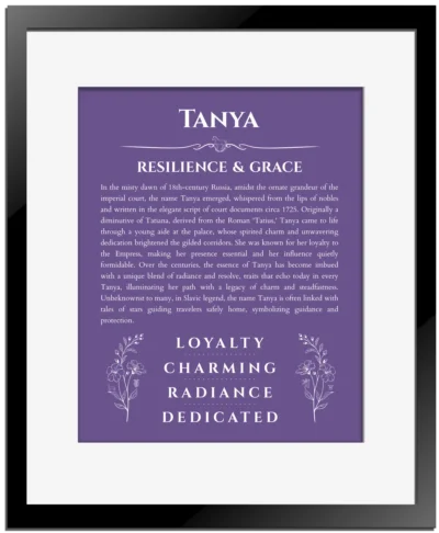 Tanya name meaning gift print in purple with black matte frame