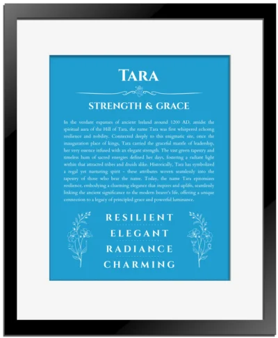 Tara custom name meaning print in blue with black matte frame