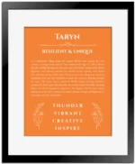 Taryn custom name print for wall display in orange with black matte frame