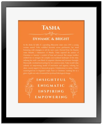 Tasha name meaning wall art by Get Your Story in orange with black matte frame
