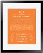 Tate name meaning gift print in orange with black matte frame