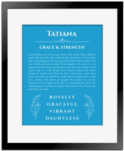 Tatiana custom name print for wall display in blue with black matte frame