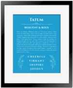 Tatum custom name art showing meaning and origin in blue with black matte frame