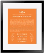 Taya custom name art showing meaning and origin in orange with black matte frame