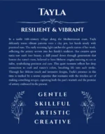Tayla personalized name art with origin story in deep blue
