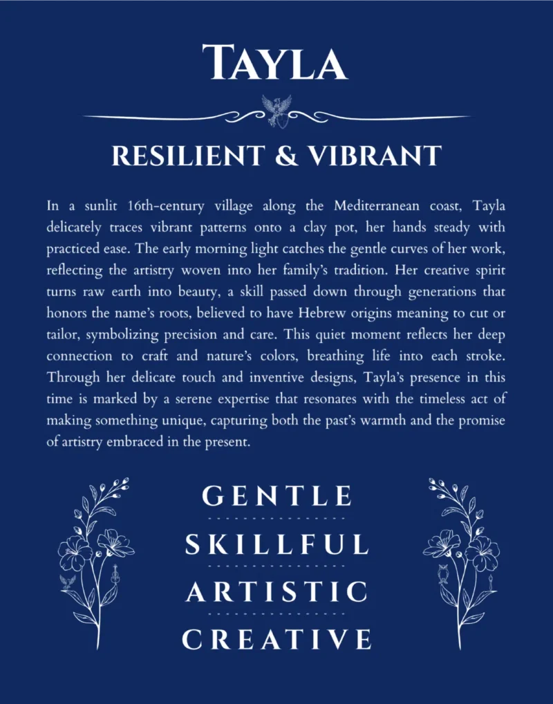 Tayla personalized name art with origin story in deep blue