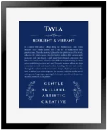 Tayla personalized name art with origin story in deep blue with black matte frame