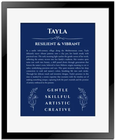 Tayla personalized name art with origin story in deep blue with black matte frame