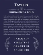 Taylen custom name art showing meaning and origin in navy blue